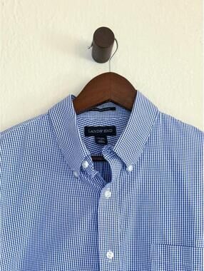 Lands’ End No Iron Supima Cotton Button Down Shirt Blue Gingham